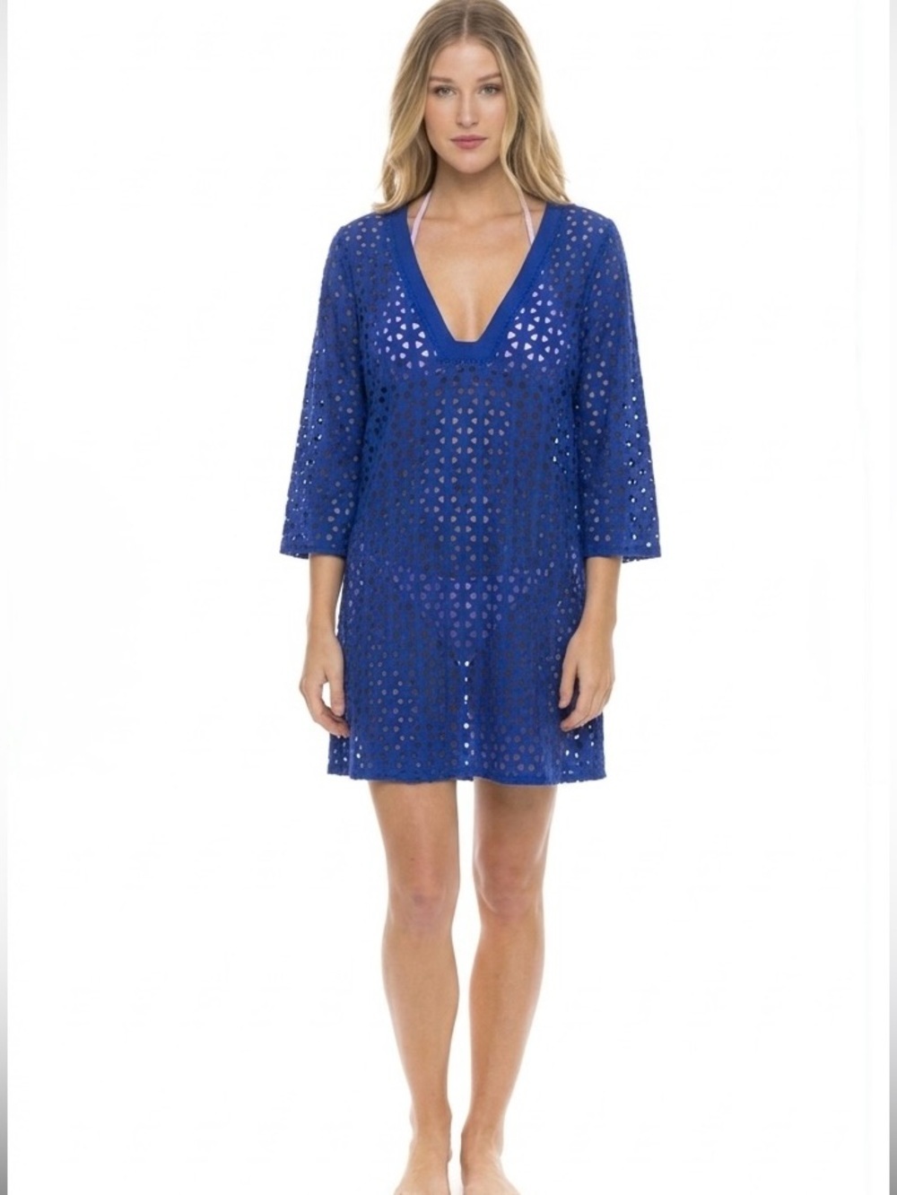 Jordan Taylor Cotton Eyelet L Dress V-Neck Beach Cover Up Blue Lightweight Swim